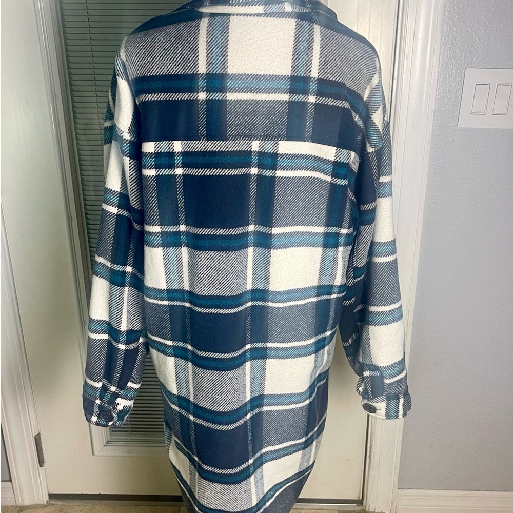 Size L Vigoss Oversized Plaid Flannel Shacket Shirt Jacket Turquoise Black White - Picture 5 of 10